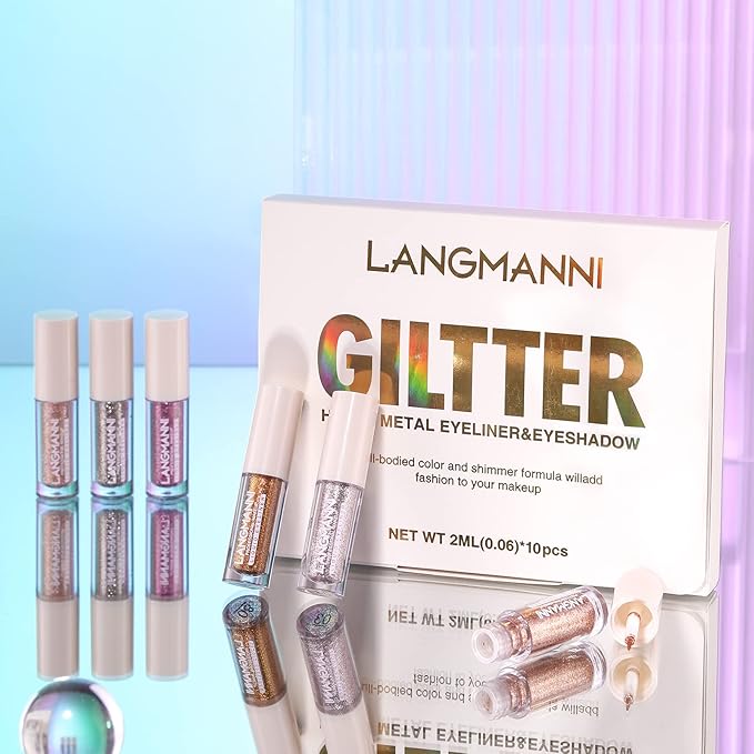 LANGMANNI 10Pcs Liquid Glitter Eyeshadow Korean Makeup Set, Shimmer,Pigmented,Long Lasting,Quick Drying,Easy to Apply Crystals Glitter Eyeshadow (10pcs Set)