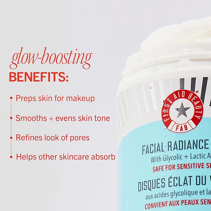 First Aid Beauty - Facial Radiance Pads with Glycolic & Lactic Acids, Daily Exfoliating Pads with AHA that Help Tone & Brighten Skin, One-Step Makeup Prep, Compostable for Daily Use, 60 ct