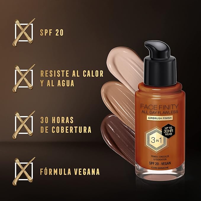Max Factor Facefinity 3-in-1 All Day Flawless Foundation, SPF 20, Ganache, 30ml