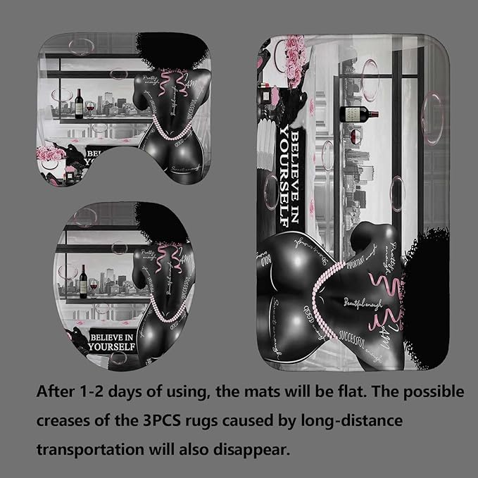 4PCS African American Black Girl Shower Curtain Sets with Rugs, Sexy Black Woman Afro Girl Black and White Modern Bathroom Decor, Non-slip Bath Mat, Motivational Inspirational Gifts for Women