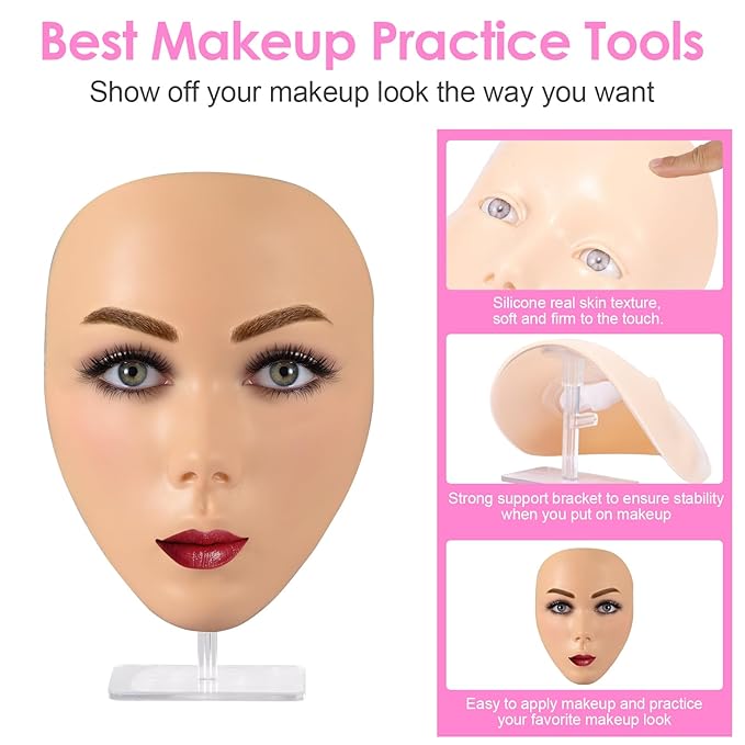 3D Makeup Practice Kit,Reusable Silicone Makeup Practice Face Board/Makeup Mannequin Face,with Makeup Brushes Set&Eyebrow Pencils&Eyelashes&a Makeup Bag&makeup remover towel&Eyeshadow&Lipstick