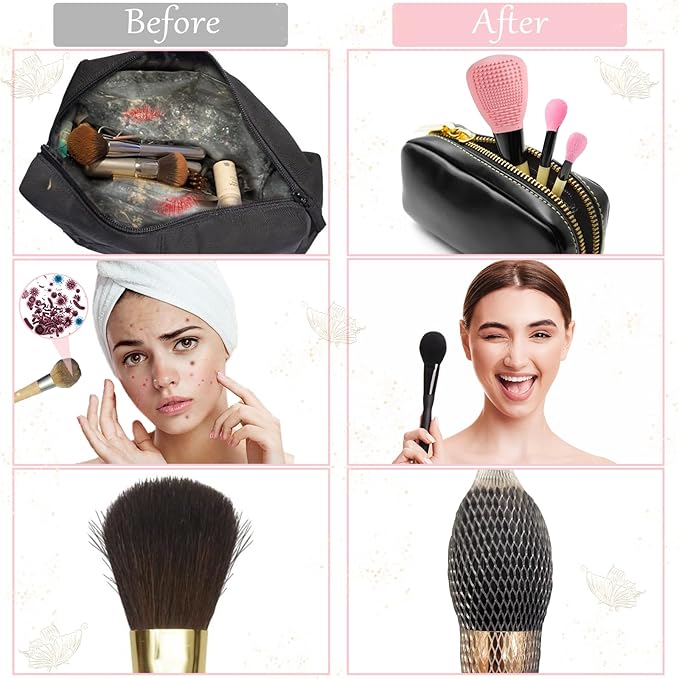 Silicone Travel Make-up Brush Holder with Cleaner Mat Pad, Organizer Case Covers for Foundation Eye Lip Brushes Storage Cleaning, Gift for Women Girl-friend Mother Wife, 3-Pcs Large + 5 Small, Pink