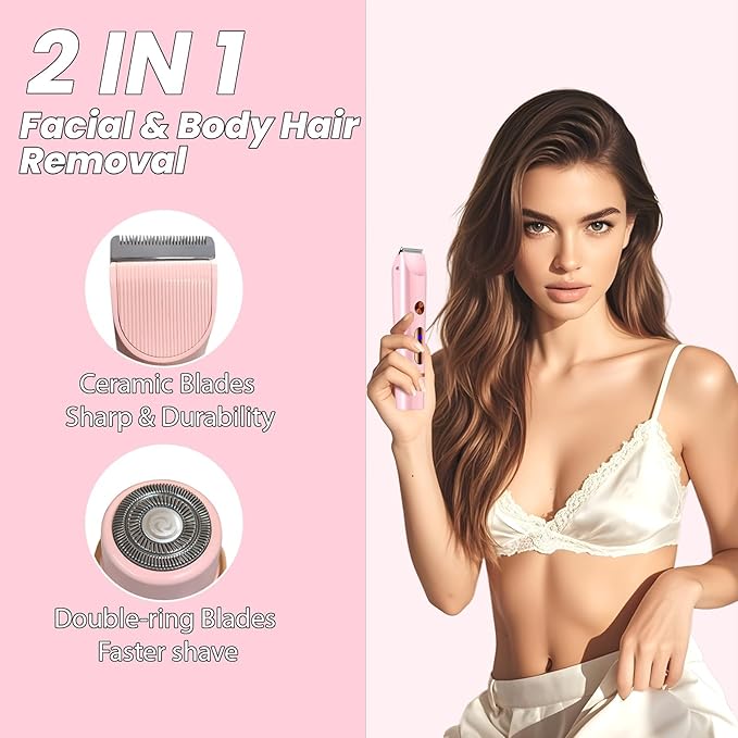 2025 Upgraded Dermave Bikini Shaver - 2 in 1 Bikini Trimmer for Women with LCD Display, Dual Head Cordless Electric Shaver, IPX7 Waterproof Wet/Dry Body Hair Trimmer for Face, Body & Intimate Areas