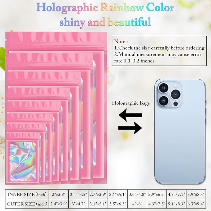 ANZNKU 100 Pcs Smell Proof Mylar Resealable Bags, Holographic Packaging Bags, Resealable Odor Foil Pouch Zip Bag with Clear Window for Food Storage and Lipgloss, Jewelry Lash(Pink, 4.7 x 7.9 Inch)
