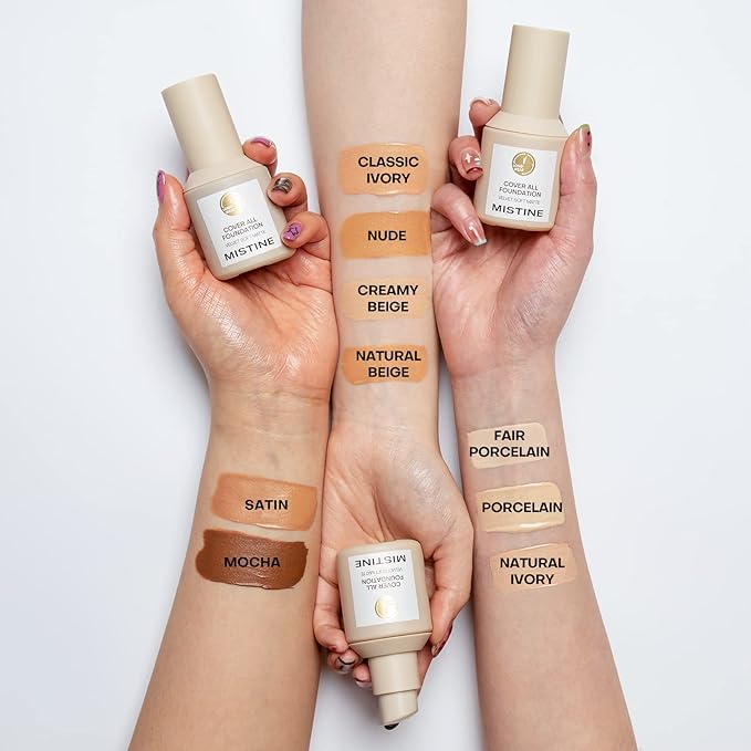MISTINE Liquid Foundation Makeup Full Coverage Foundation for Oily Skin,24 Hour Oil Control Makeup Foundation,Skin-Caring,Moisturizing Formula,Waterproof Foundation,Matte Finish,Satin,1 Fl Oz