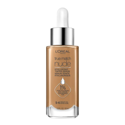 L'Oreal Paris True Match Nude Hyaluronic Tinted Serum Foundation with 1% Hyaluronic acid, Medium Tan 5-6, 1 fl. oz.