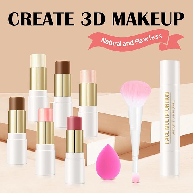 8 PCS Contour Stick Makeup Contour Kit,Double-ended Design with Highlighter,Blush and Bronzer Stick,Lightweight,Easy to Sculpt,Create a Matte and Dewy Finishing Makeup（Set B）