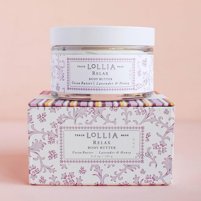 LOLLIA Relax Body Butter, 5.5 oz. - Lavender & Honey Fragrance - Shea Butter & Cocoa Butter, Body Lotion for Women, Hydrating & Smooth Body Moisturizer