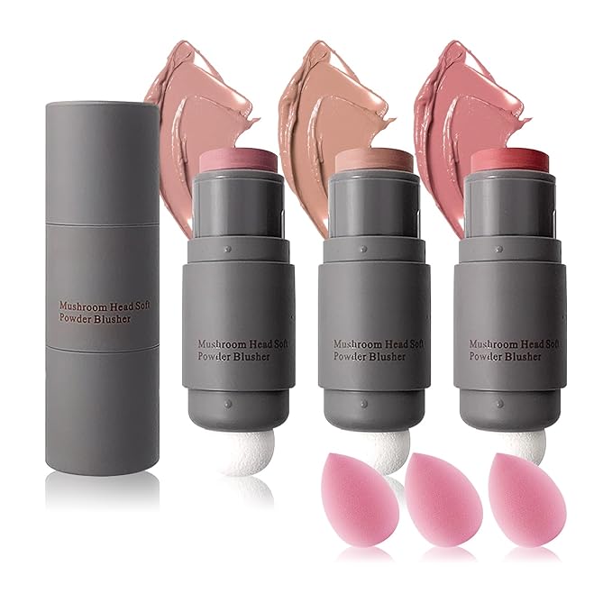 3PCS Blush Stick for Cheeks,Multi-use Solid Matte Makeup Stick Blush Cream for Cheek Eyes and Lips Tint,Moisturizing Tinted Cream Blush,Natural Blendable Cheek Blusher with 3 Makeup Sponges A3