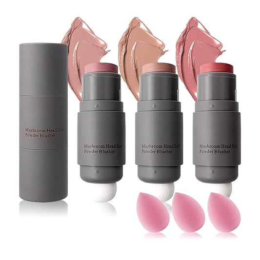 3PCS Blush Stick for Cheeks,Multi-use Solid Matte Makeup Stick Blush Cream for Cheek Eyes and Lips Tint,Moisturizing Tinted Cream Blush,Natural Blendable Cheek Blusher with 3 Makeup Sponges A3
