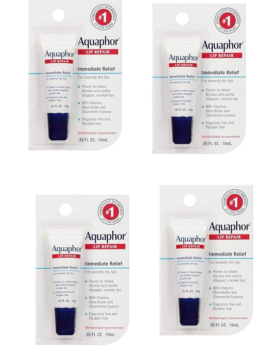 Aquaphor Lip Repair Ointment - Long-lasting Moisture to Soothe Dry Chapped Lips - .35 fl. oz Tube, 4 Pack