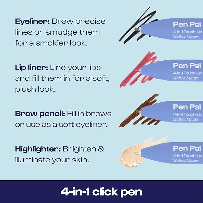 Alleyoop Pen Pal Touch-Up 4-in-1 Makeup Pen, Make A Mauve (Light - Medium) - Travel Make Up Set with Eyeliner, Brow Pencil, Highlighter & Lip Liner - High-Pigment Formula, Easy & Smooth Application