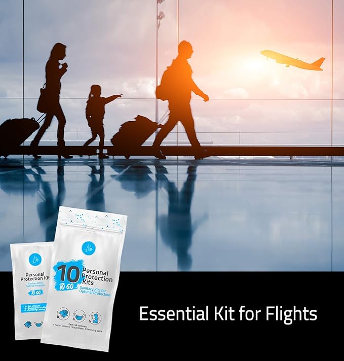 All-in-One Personal Protection Kits to GO - 10 Pack - With Plastic Gloves, Hand Cleansing Wipes, Disposable Face Mask