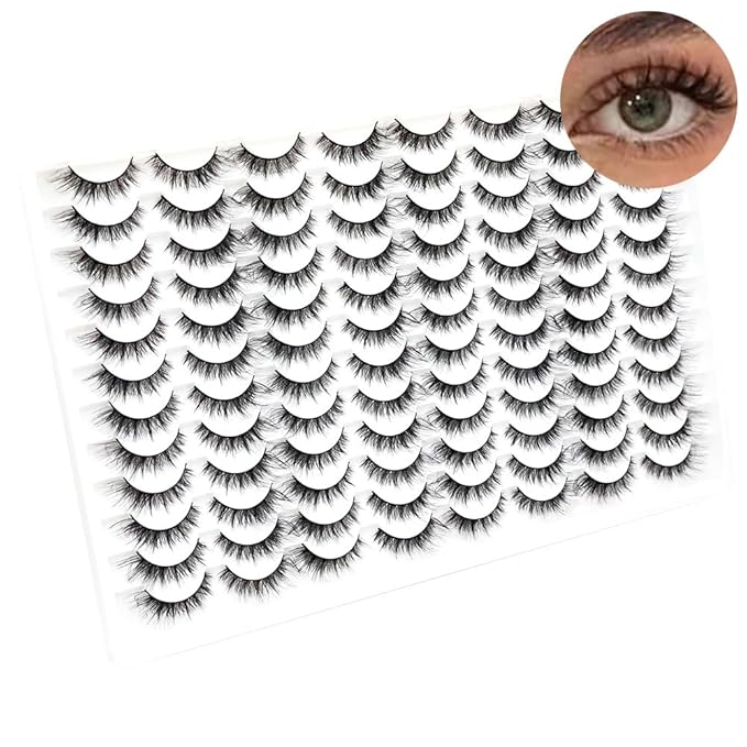 False Eyelashes 48 Pairs Faux Mink Lashes 14mm Wispy Lashes 3D Fluffy Cat Eye Lashes Pack Bulk Wholesale Strip Lashes(style 48-040)