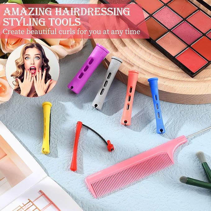48 Pieces Hair Perm Rods Short Cold Wave Rods Plastic Perming Irons Hair Curling Rollers Curlers with Steel Pintail Comb Rat Tail Comb for Hairdressing Styling Supplies(6 Sizes,6 Colors)
