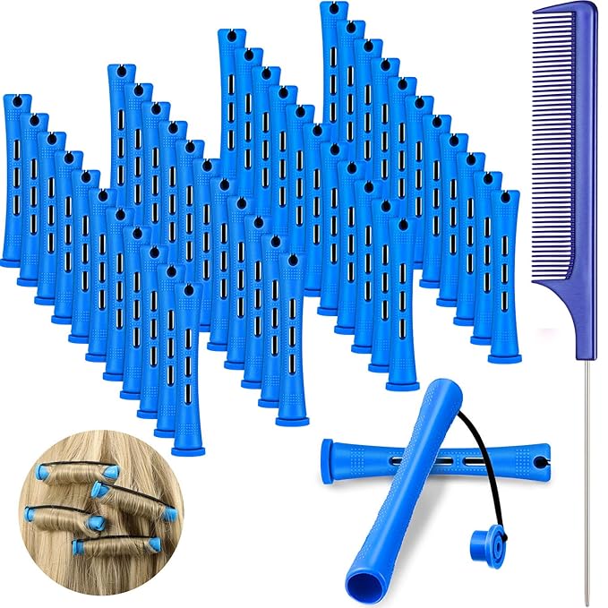 48 Pieces Hair Perm Rods Short Cold Wave Rods Plastic Perming Irons Hair Curling Rollers Curlers with Steel Pintail Comb Rat Tail Comb for Hairdressing Styling Supplies(0.35 Inch,Blue and Dark Blue)
