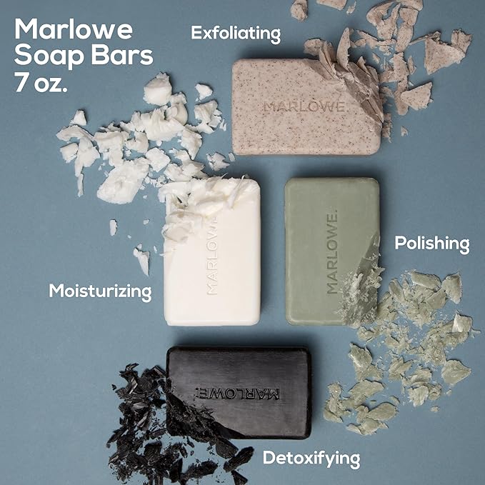 MARLOWE. No. 106 Charcoal Soap 7 oz (6 Bars) Body Bar Soap for Men, Cleansing, Purifying & Hydrating with Natural Extracts, Shea Butter, Olive Oil & Green Tea Extracts, Fresh Woodsy Scent