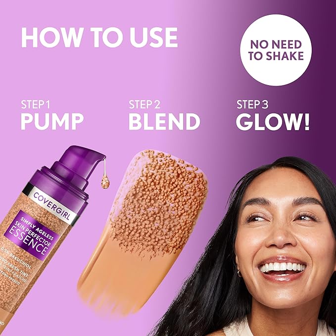 Covergirl Simply Ageless Skin Perfector Essence Foundation, 10 Fair, Tinted Skin Perfector, Skincare Makeup Hybrid, Sheer Tint, Radiant Finish, Skin-Like Finish, Vegan Formula, 1.0oz