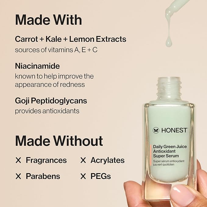 Honest Beauty Daily Green Juice Antioxidant Super Serum | Improves Skin Tone + Texture | Gentle for Sensitive Skin, Fragrance Free, Vegan | 1 fl oz