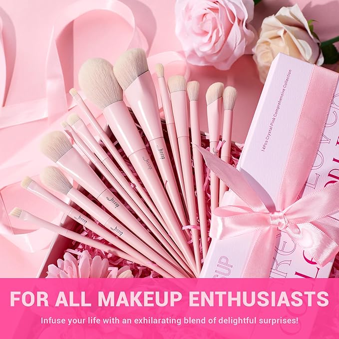 Jessup Pink Makeup Brushes Set 14Pcs Make up Brushes Premium Vegan Foundation Concealer Blush Eyeshadow Eyeliner Powder Highlighter Blending Face Brush Set, T495
