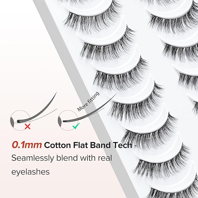 Lashes Wispy False Eyelashes Cat Eye Lashes Natural Look 3D Volume Fake Eyelashes Thin Band Lashes 12mm Natural Eye Lashes C Curl Siligli Lashes Pack 10 Pair