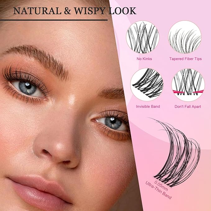 Nova Lash Clusters Kit - 360 pcs Lash Clusters Natural Look Invisible Band Eyelash Clusters Lash Extension Kit with Bond and Seal 0.07D D Curl WideSpan Cluster Eyelash Extension Kit 8-16mm DIY at Home