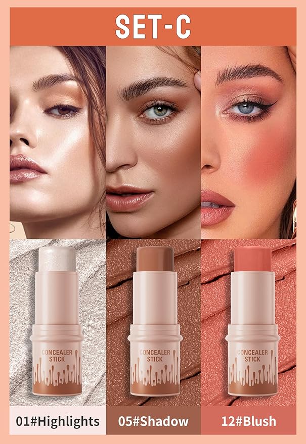 3Pcs Contour Stick Set，3 Colors Contour Stick Makeup Set， Long-Lasting Waterproof Concealer Stick Kit，Cream Blush & Highlighter Bronzer Pen (SET-C)