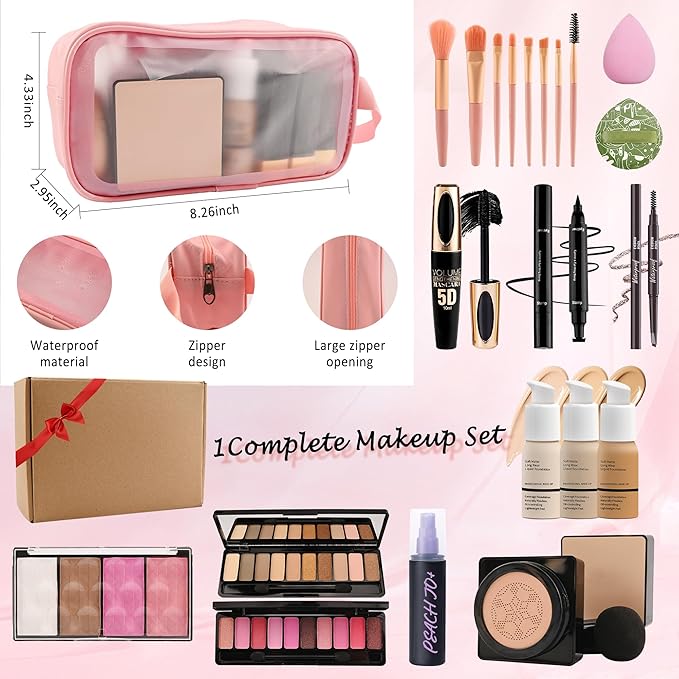 All In One Multipurpose Makeup Kit for Women,Travel Makeup Set,Makeup Gift Full Kit,Includes Foundation Eyeshadow Palette Lipstick Mascara Eyeliner Blusher Cosmetic Brush Set with Makeup Bag-Set C