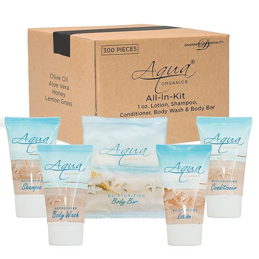 Aqua Organics Hotel Soaps and Toiletries Bulk Set | 1oz Hotel Shampoo & Conditioner, Body Wash, Body Lotion & 1oz Bar Soap Travel Size | 300 Pieces