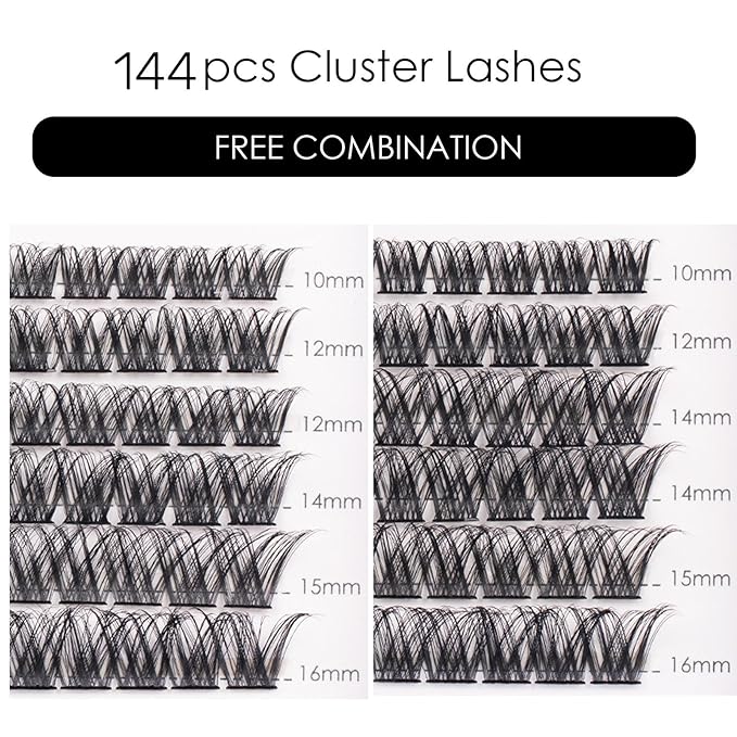 Lash Clusters 144 Pcs Individual Lashes Clusters Eyelash Extensions False Eyelashes DIY Lash Extension Reusable False Eyelashes Natural Look Mix 10-16mm C D Curl-DM01