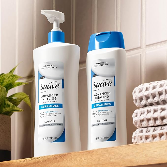 Suave+ Advanced Healing Hand & Body Lotion for Women With Ceramides for Very Dry Skin, Hydrating, Non-Greasy, Allergen-Free Moisturizing Cream, Lightly Scented, 18 FL OZ, 6 Pack