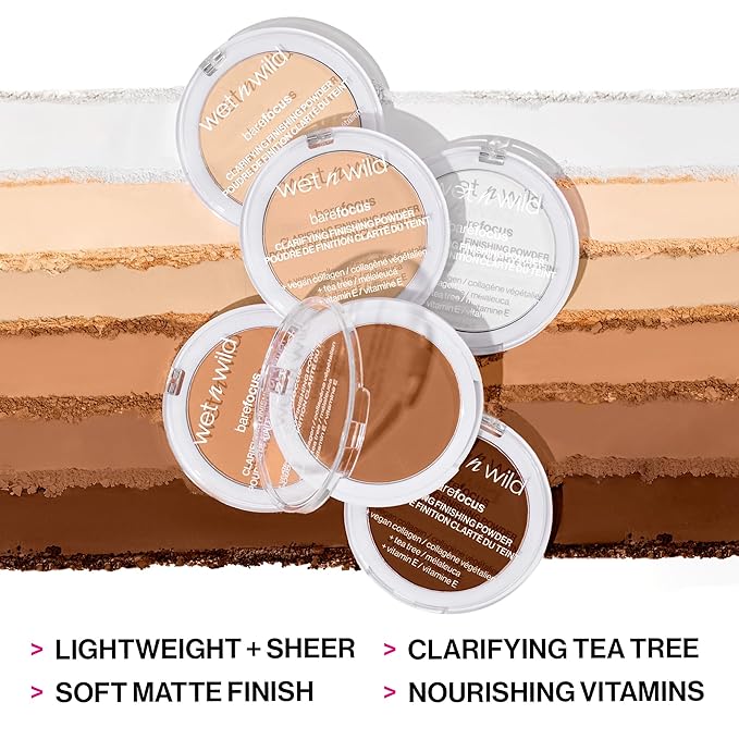 wet n wild Photo Focus Dewy Liquid Foundation Makeup Buff Bisque & Bare Focus Clarifying Finishing Powder Light-Medium