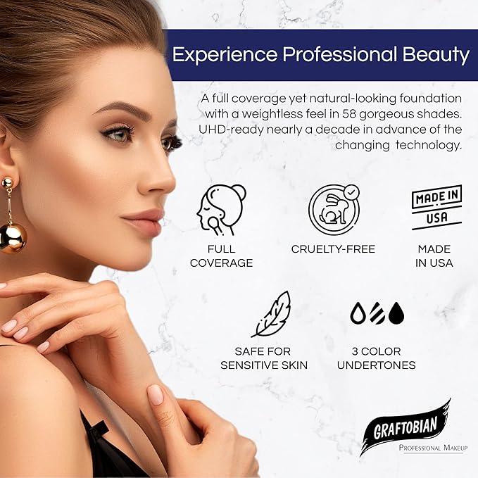 Graftobian HD Glamour Crème Foundation 1/2oz, Weightless Full Coverage Makeup, 65 Inclusive Shades, For All Skin Types, Natural or Full-Glam Looks, For Professionals and Beginners, Smoke