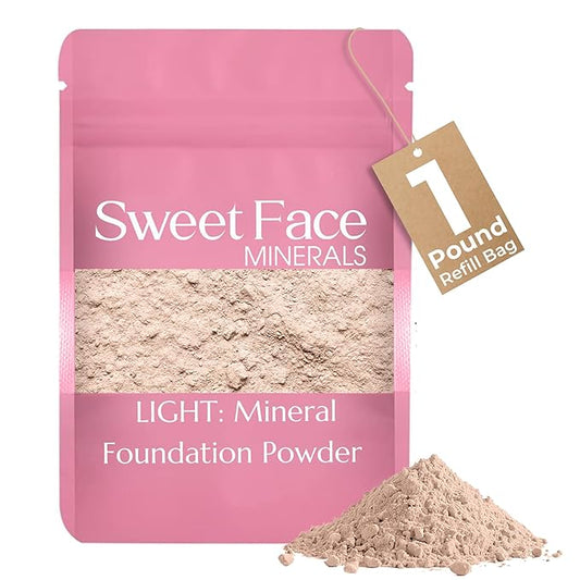 Foundation Powder Refill (Light) (1 Pound Bag) By Sweet Face Minerals, Lightweight Mineral Loose Makeup Powder with SPF 20, Full Coverage Flawless Finish, Talc-free, Cruelty-Free, Refillable Pouch