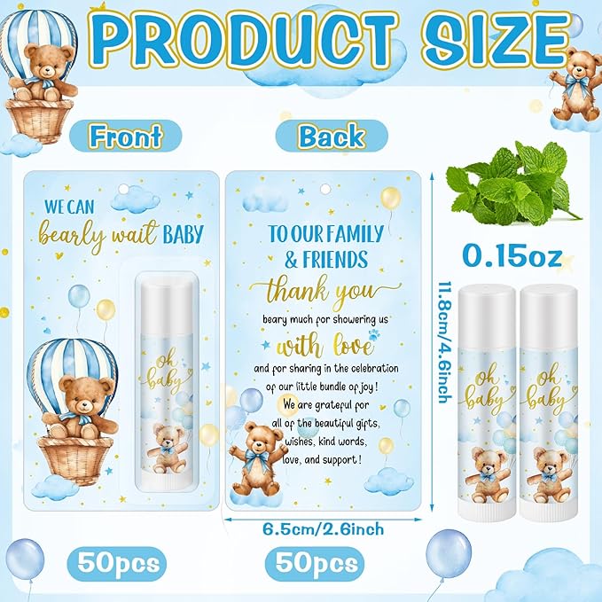 50 Pack Baby Shower Lip Balm Bulk Bear Baby Shower Favors Baby Mint Flavor Lip Balm Baby Shower Gifts for Guest Bear Themed Baby Shower Thank You Gifts Girls Boys Games Gender Reveal Favors
