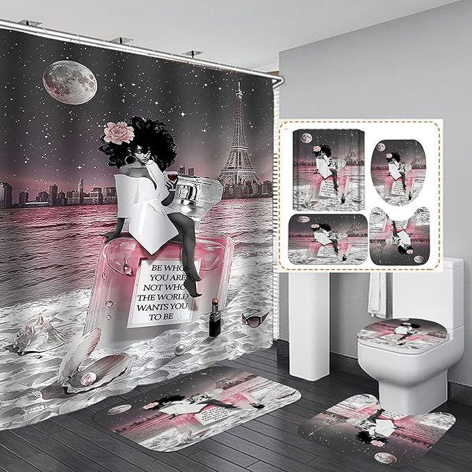 4PCS Sexy Black Girl Shower Curtain Set, Inspirational Quotes African American Woman Full Moon Starry Sky Eiffel Tower Beach Perfume Fashion Bathroom Decor, Non-Slip Bath Mat, Be Who You are