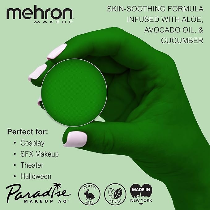 Mehron Makeup Paradise Makeup AQ Refill Size | Stage & Screen, Face & Body Painting, Beauty, Cosplay, Halloween | Water Activated Face Paint, Body Paint, Cosplay Makeup .25 oz (7 ml) (AMAZON GREEN)