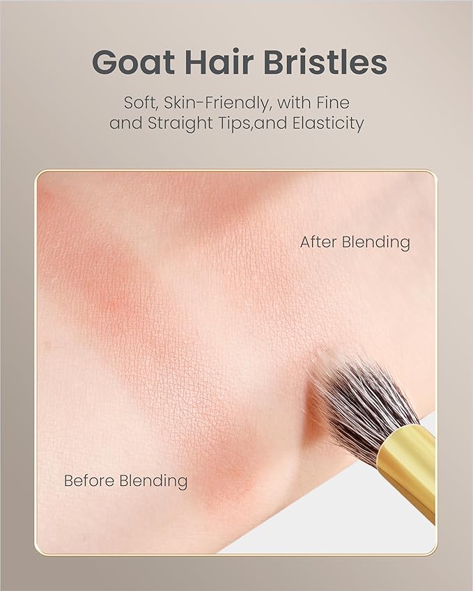 Desert Oak Series Stippling Brush - Dual-Length White & Gray LambsGoat Hair Bristles, Sloped Edge for Cream/Powder Perfection, Ebana Handle & Brass Ferrule (CM 168)