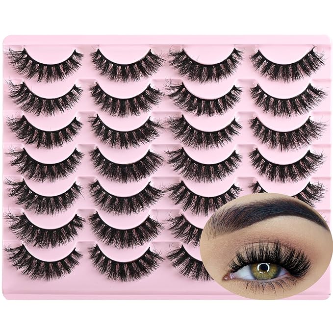FARRED Wispy Mink Lashes Fluffy False Eyelashes 14 Pairs Fake Eyelashes Natural Look Short Natural Lashes Cat Eye Lash Wispy Volume Eyelash Faux Mink Strip Lashes Pack for Daily Makeup (F19 | 6-13 mm)