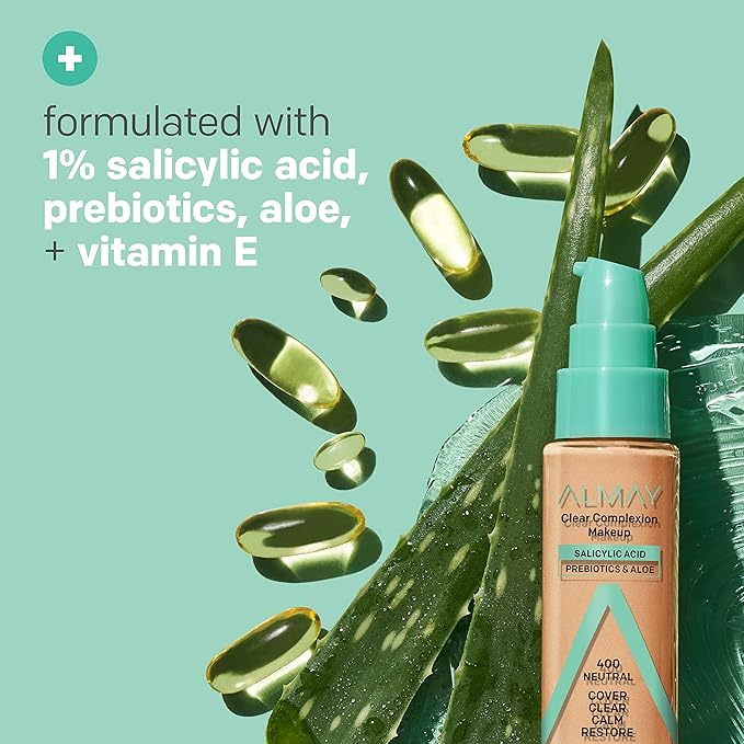 Almay Clear Complexion Acne Foundation Makeup with Salicylic Acid - Lightweight, Medium Coverage, Hypoallergenic, -Fragrance Free, for Sensitive Skin , 700 True Beige, 1 fl oz.