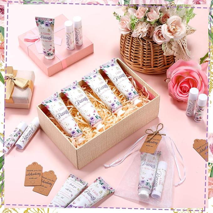 50 Sets 200 Pcs Baby Shower Hand Lotion and Lip Balm Gift Theme Baby Shower Party Favors Travel Size Hand Lotion and Lip Balm Bulk with Organza Bags Tags(Butterfly)