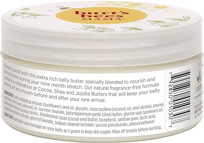 Burt's Bees Mama Belly Butter Stretch Mark Cream for Pregnancy Massages Body & Reduces Scar Appearance, Prenatal & Postnatal Tummy Skin Care, Shea Butter & Vitamin E Rich Formula, 6.5 Oz (Pack of 3)
