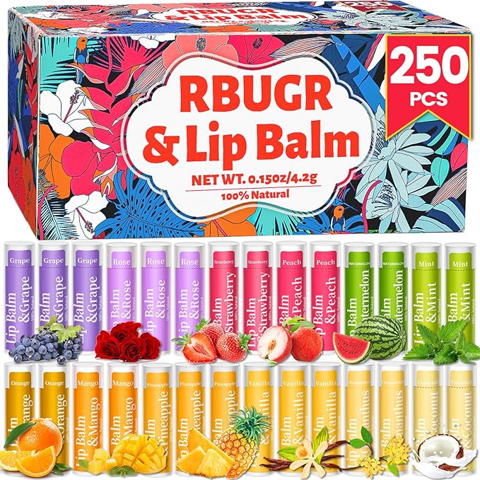 250 Pcs Lip Balm Bulk,12 Fruit Flavored Natural Bulk Lip Balm, Lip Balms Pack with Vitamin E, Lip Balm Gift Set Women Stocking Stuffers Party Favors, Moisturizing&Soothing(4.2g/0.15oz)