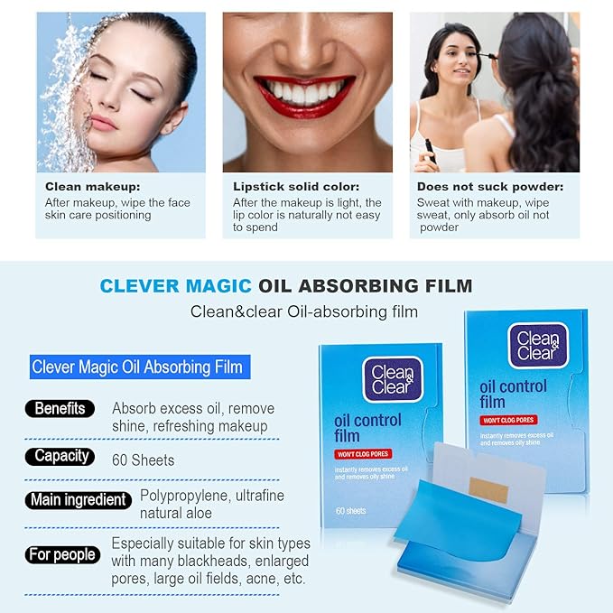 Oil Control Film, Oil Blotting Paper the Same Series with Clean & Clear Oil Absorbing Facial Sheets, 60 sheets Makeup Friendly High-performance Handy Face Blotting Paper for Oily Skin