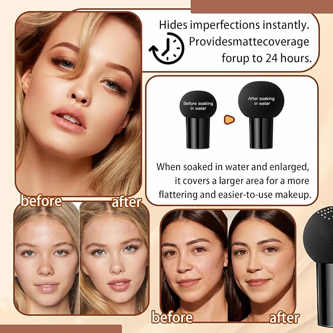 Mushroom Head Air Cushion CC Cream Foundation Makeup,Moisturizing Non-Greasy BB Cream Foundation,Long Lasting Matte Concealer Full Coverage Face Makeup Liquid Foundation for All Skin Types(Ivory)