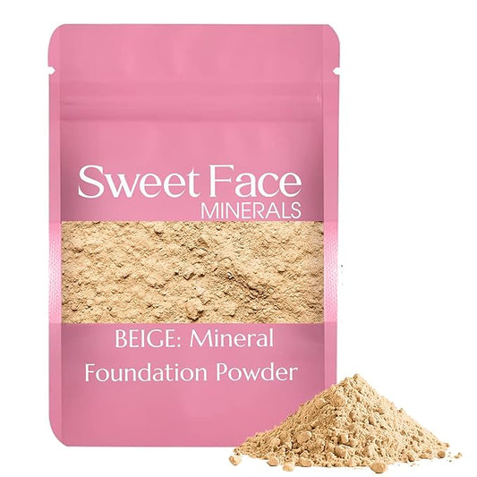 Foundation Powder Refill (BEIGE)(12 Gram Bag) By Sweet Face Minerals, Lightweight Mineral Loose Makeup Powder with SPF 20, Full Coverage Flawless Finish, Talc-free, Cruelty-Free, Refillable Pouch