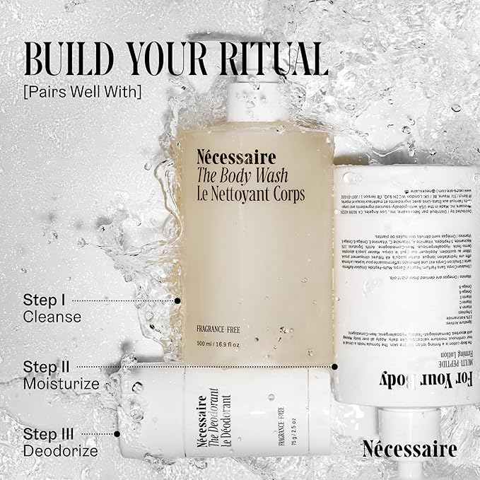 Nécessaire The Body Wash. Fragrance-Free. Multi-Vitamin Gel Cleanser. Nourish, Soften. Hypoallergenic. Dermatologist-Tested. No SLS/SLES. 250 ml / 8.4 fl oz