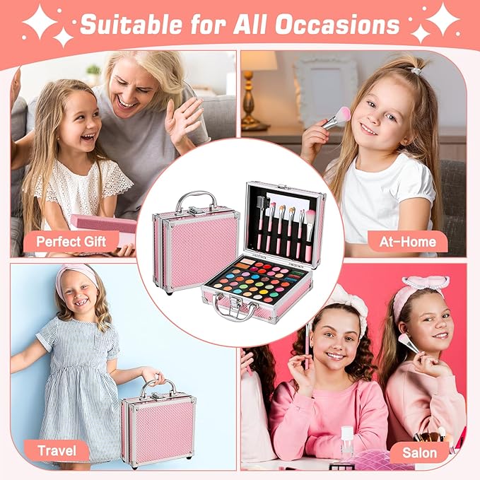 Anpro All-In-One Makeup Carry Case with Pro Teen Makeup Set, Full Starter Cosmetics Kit with Makeup Brushes, Eye Shadows Palette, Blushes, Glitter Gel, Temporary Tattoo Stickers - Blue