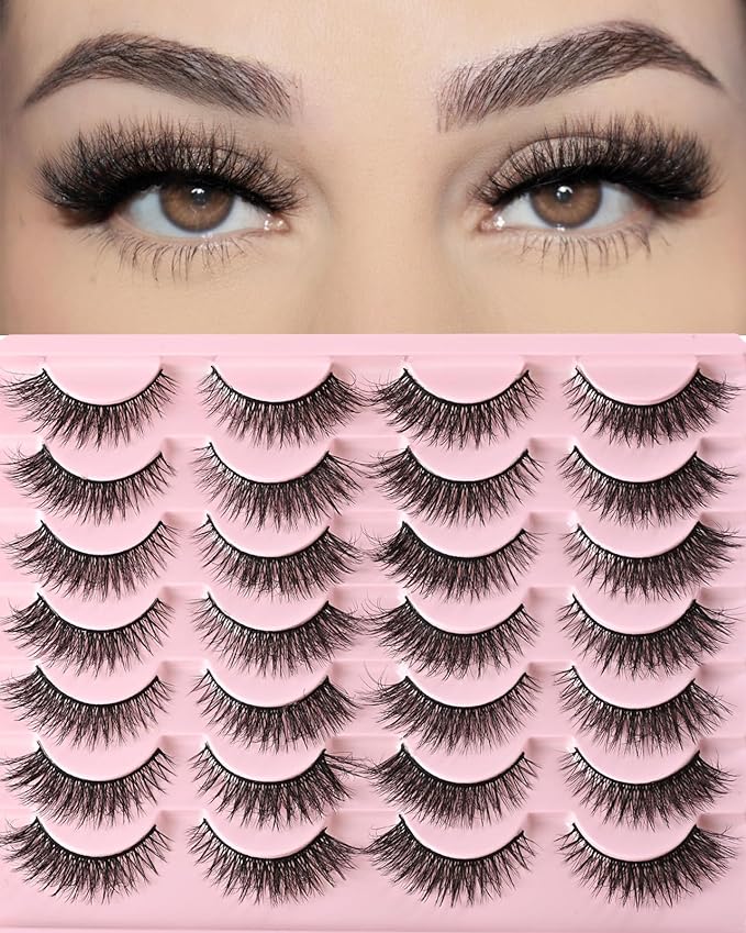 FARRED Cat Eye Lashes Short Natural Eyelashes Fluffy Wispy Lashes 14 Pairs False Lash Wispy Volume Fake Eyelash Faux Mink Strip Lashes Pack for Daily Makeup (F13 | 7-14 mm)