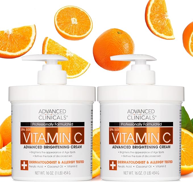 Advanced Clinicals Vitamin C Face & Body Cream Moisturizing Skin Care Lotion, Anti Aging Vitamin C Skincare Moisturizer For Body, Face, Age Spots, Wrinkles, & Sun Damaged Skin, Large 16oz (2-Pack)